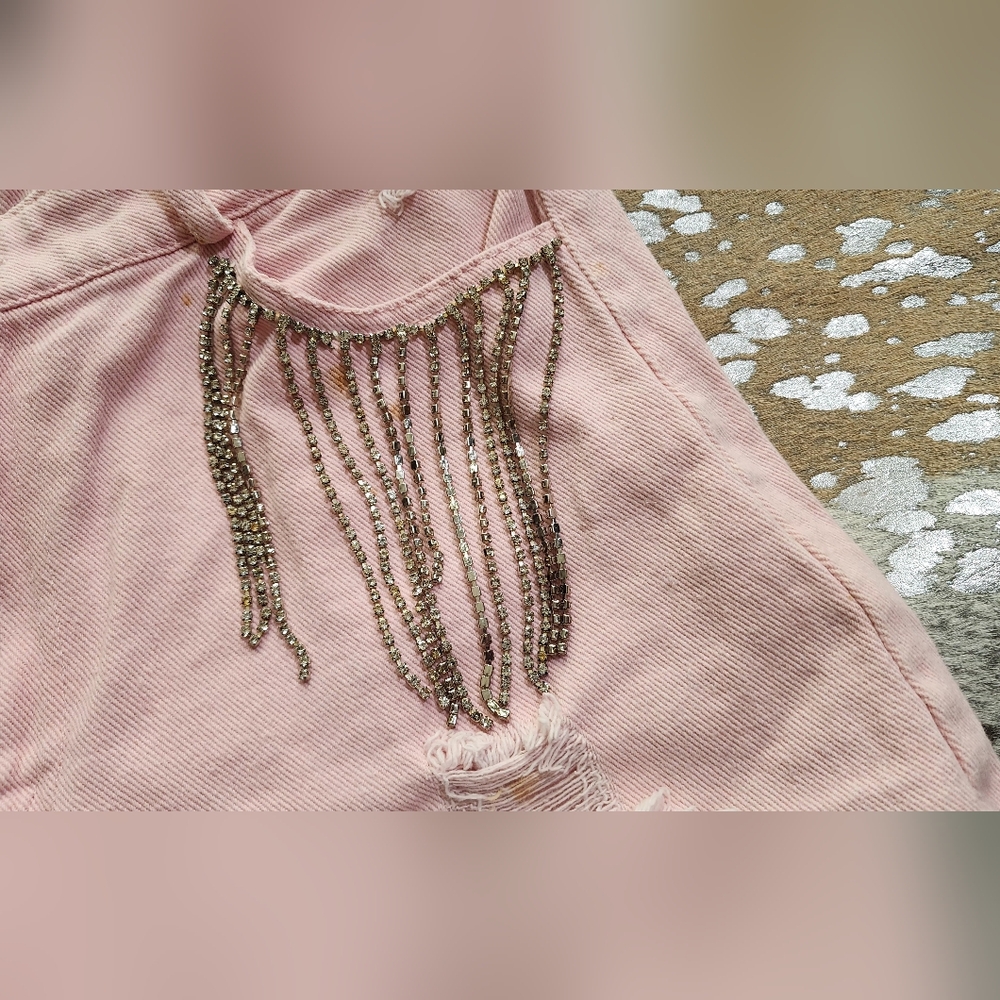 Pink Distressed Women Shorts with Gemstone Tassle Detail - Picture 5 of 7